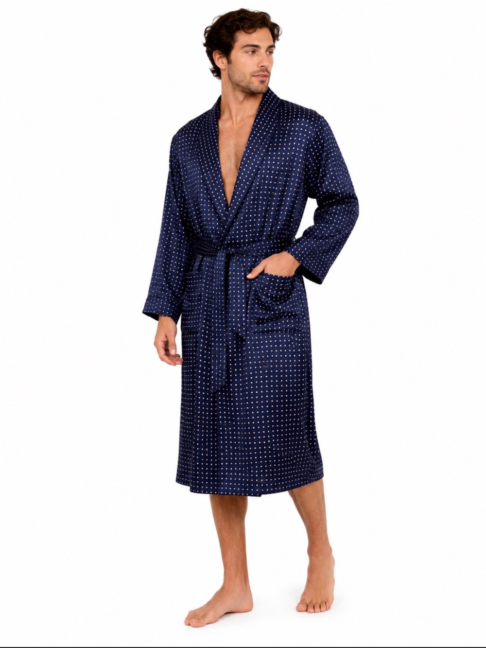 Oscar de la Renta Navy Blue Polka Dot Men's Robe